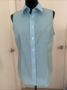 Jones Studio Blue & White Gingham Button-Down Sleeveless Cotton Shirt Size 12